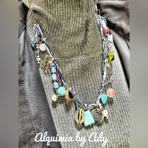 Alquimia Jewelry - Charms multi layered statement bandanna necklace with turquoise